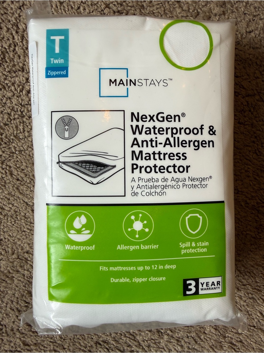 Mainstays NexGen Waterproof Anti-Allergen Mattress Protector Twin Zippered NWT